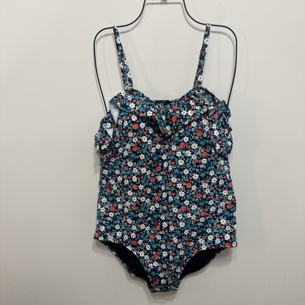 Lands' End One-Piece Swimsuit Women's 14 Slimming Off-Shoulder Floral Ruffle NWT